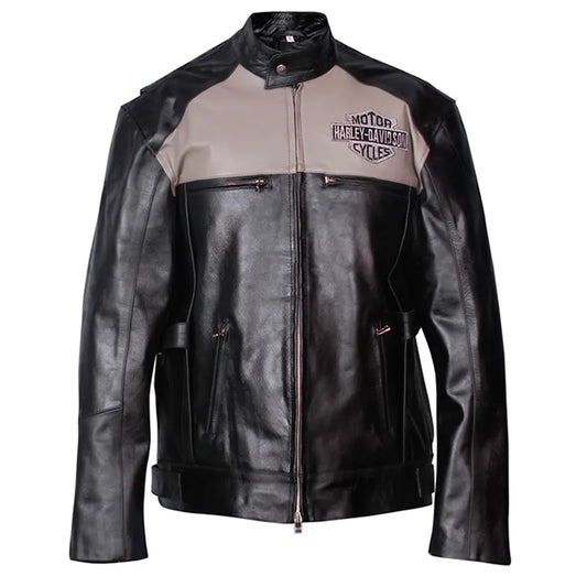 Front view of Harley-Davidson Men’s Votary Color Blocked Oak Leather Jacket