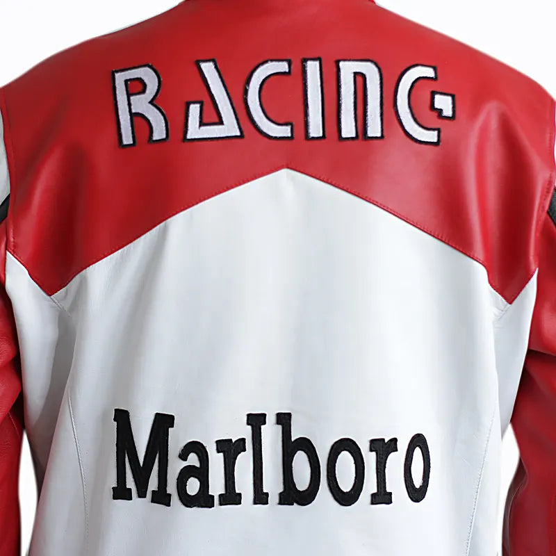 Red and white jacket with 'Racing' and 'Marlboro' text on a white background