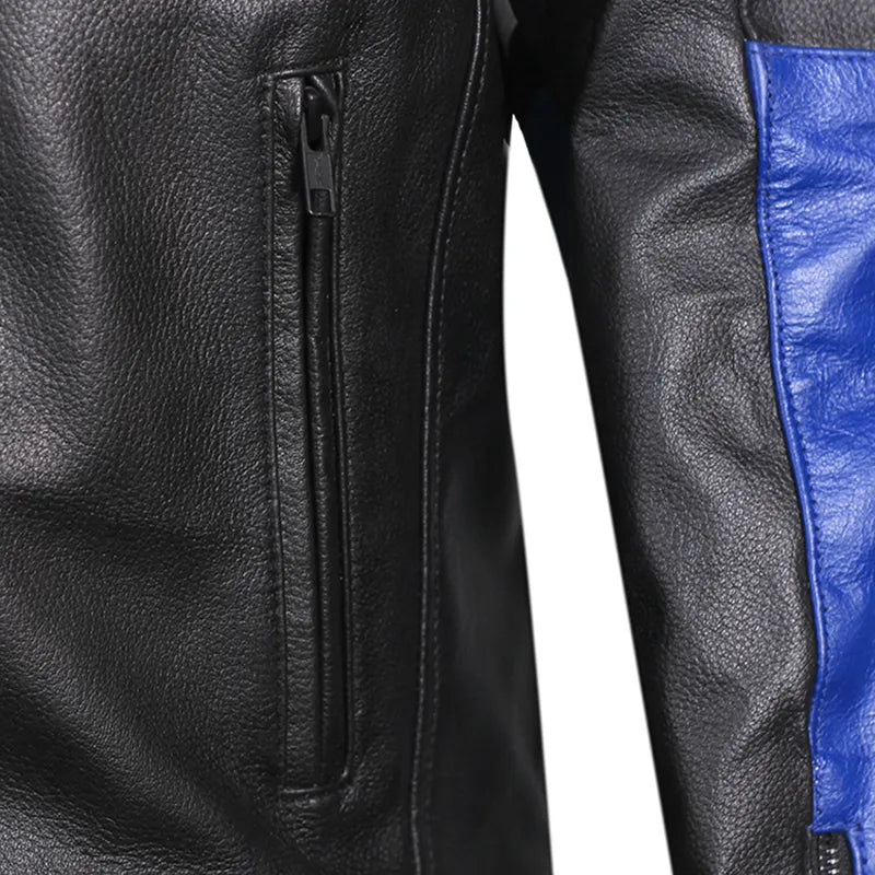 Close-up of a black leather jacket with a blue patch on a white background
