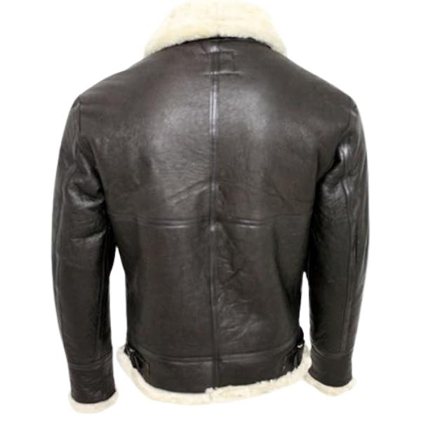 Black leather jacket with white fur lining on a white background