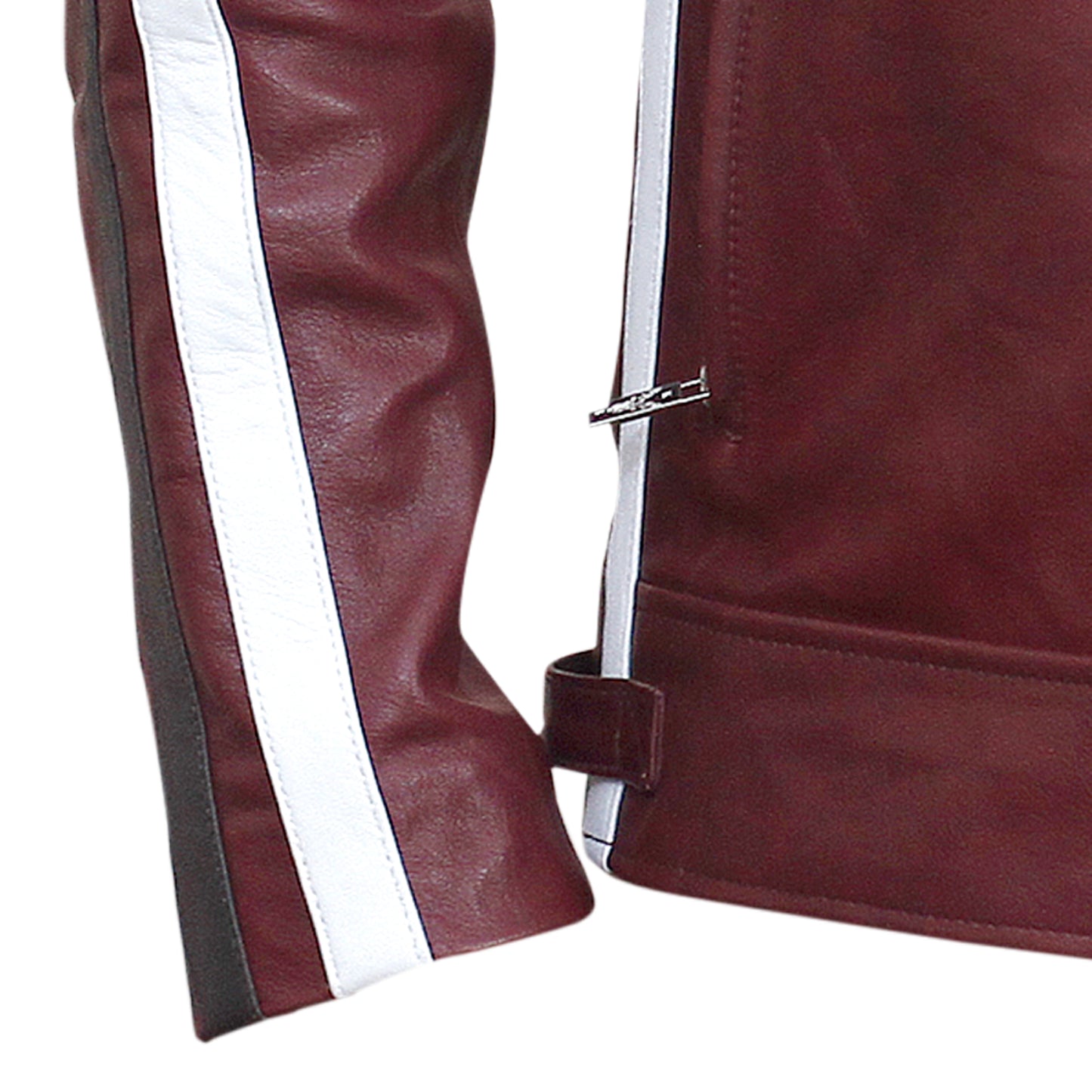 Close-up of a brown leather jacket with a white stripe on a white background