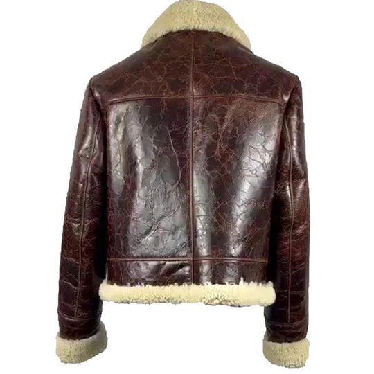 Brown leather jacket with white fur lining on a white background