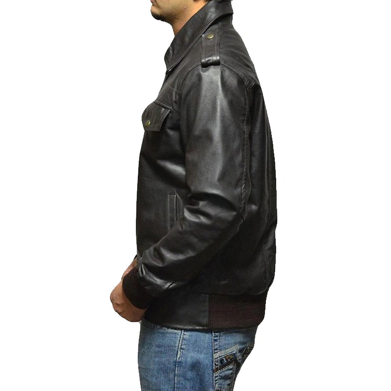 Black leather jacket worn by a person on a white background