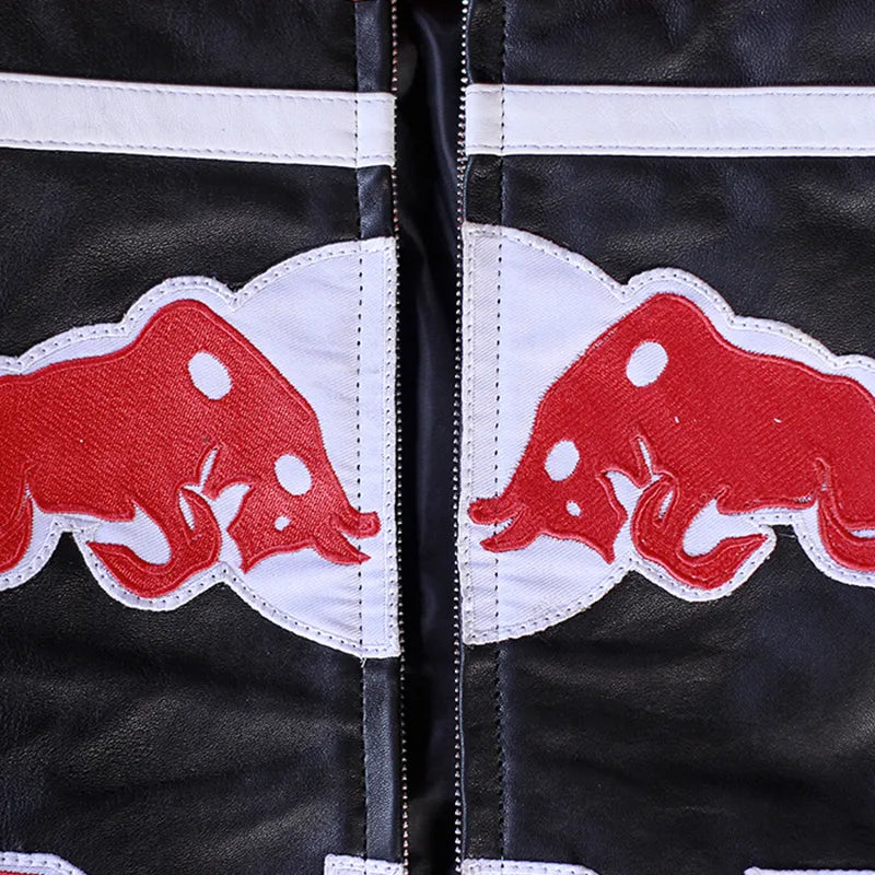Black jacket with red and white bull logo on a dark background
