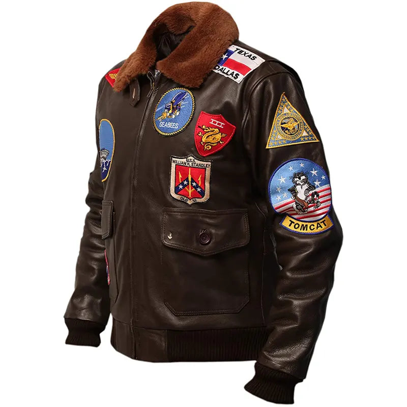 Brown leather jacket with various patches on a white background
