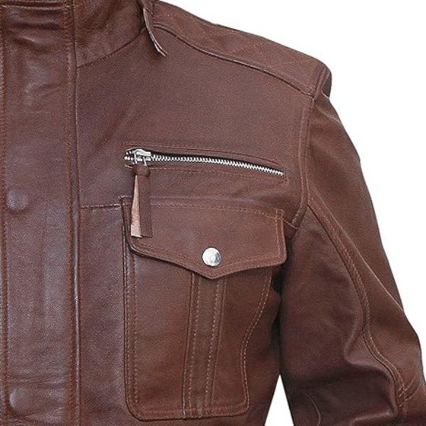 Brown leather jacket with a zipper pocket on a white background