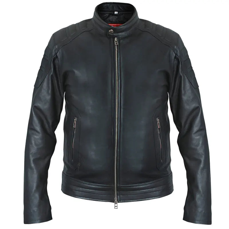 Front view of Jensen Huang Black Motorcycle Oak Leather Jacket