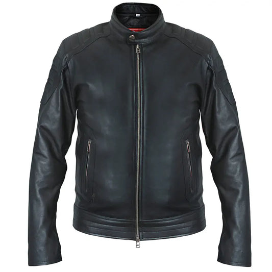 Front view of Jensen Huang Black Motorcycle Oak Leather Jacket
