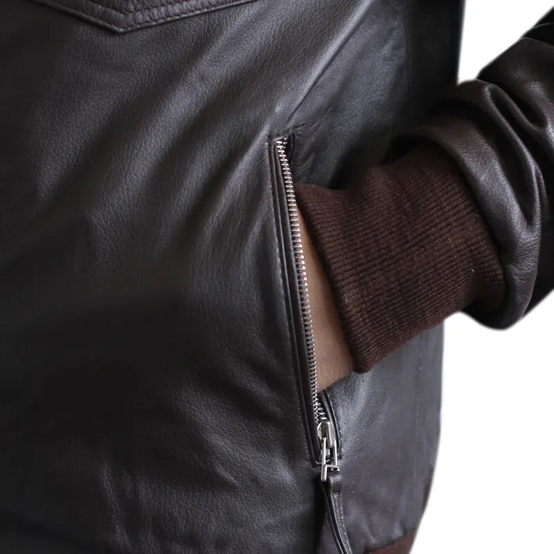 Side profile of Brooklyn Nine-Nine oak leather biker jacket handmade in Pakistan