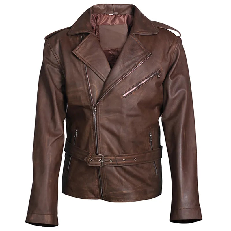 Front view of Men’s Biker Brown Genuine Oak Leather Jacket