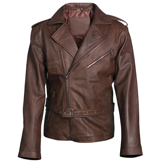 Front view of Men’s Biker Brown Genuine Oak Leather Jacket