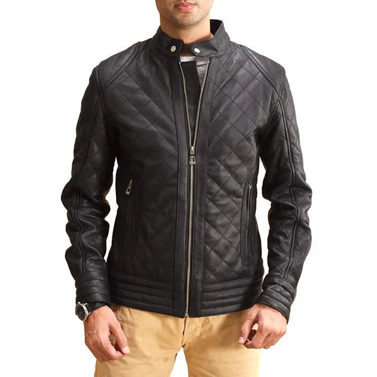 Front view of Men’s Black Oak Leather Quilted Jacket