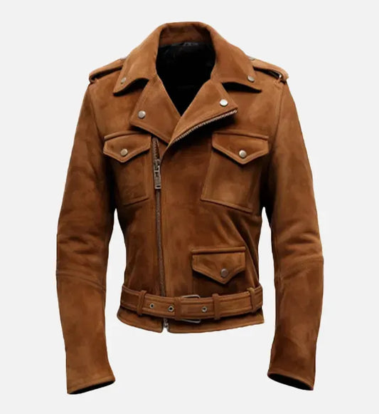 Front view of Men’s Brown Suede Oak Leather Biker Jacket