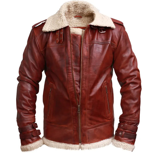 Front view of Men’s Brown Shearling Stand Collar Oak Leather Jacket