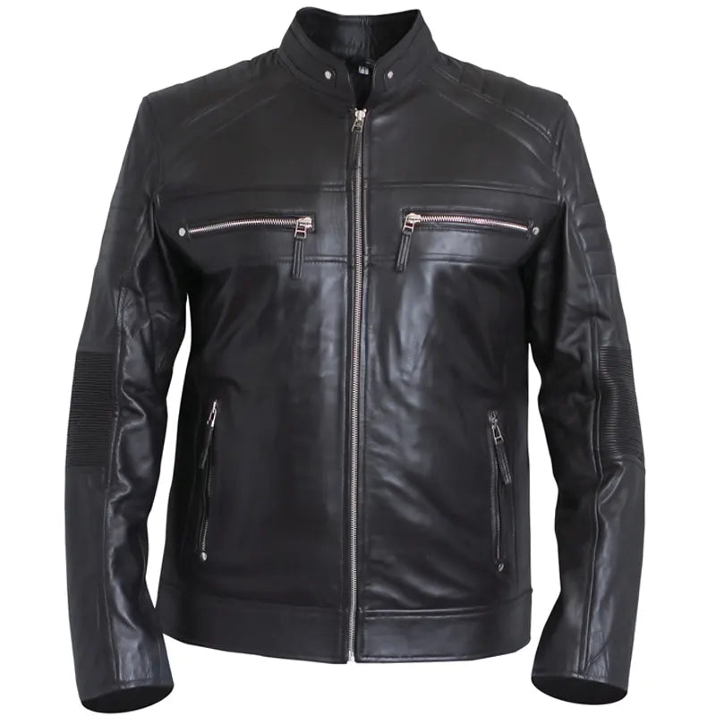 Front view of Men’s Black Café Racer Oak Leather Jacket