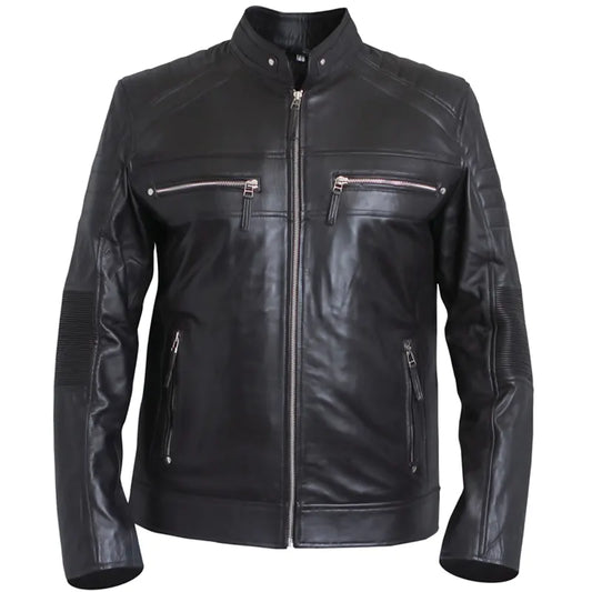 Front view of Men’s Black Café Racer Oak Leather Jacket