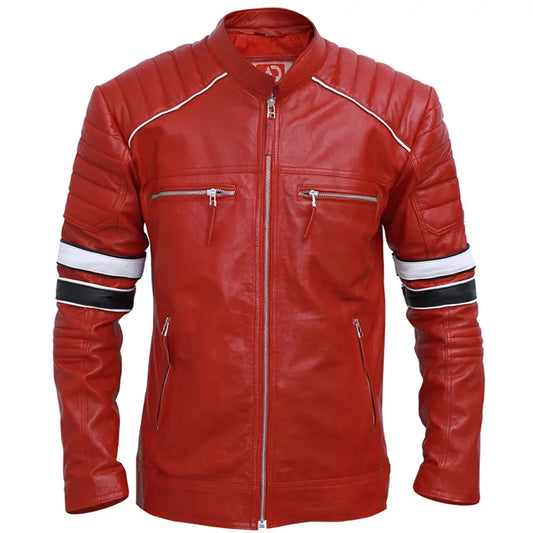 Front view of Men’s Café Racer Red Striped Oak Leather Jacket