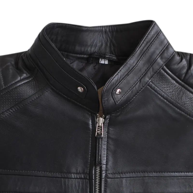 Side profile of men’s café racer black oak leather jacket
