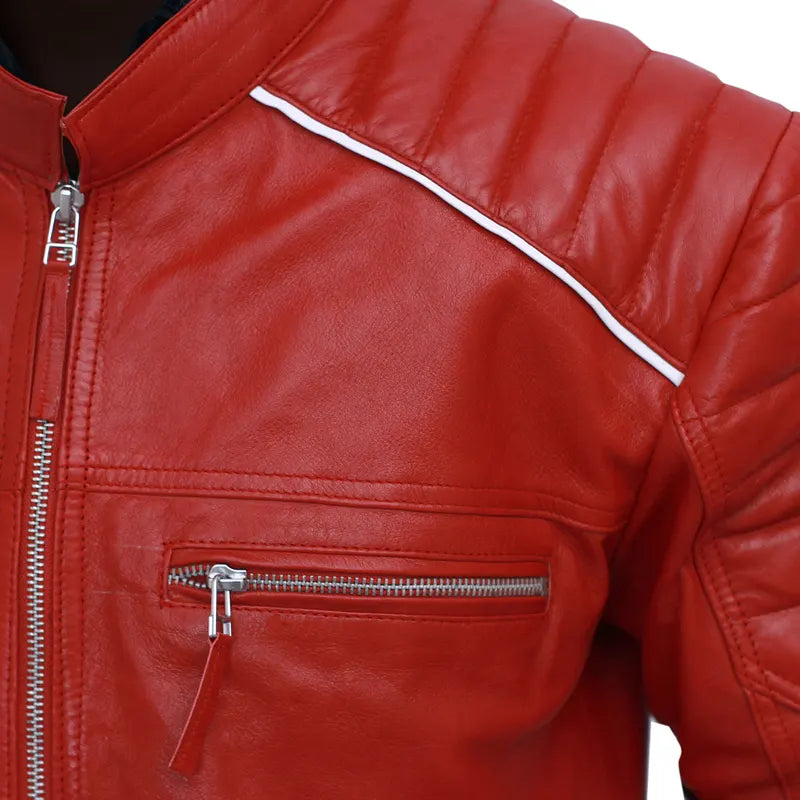 Side profile of men’s café racer red striped oak leather jacket