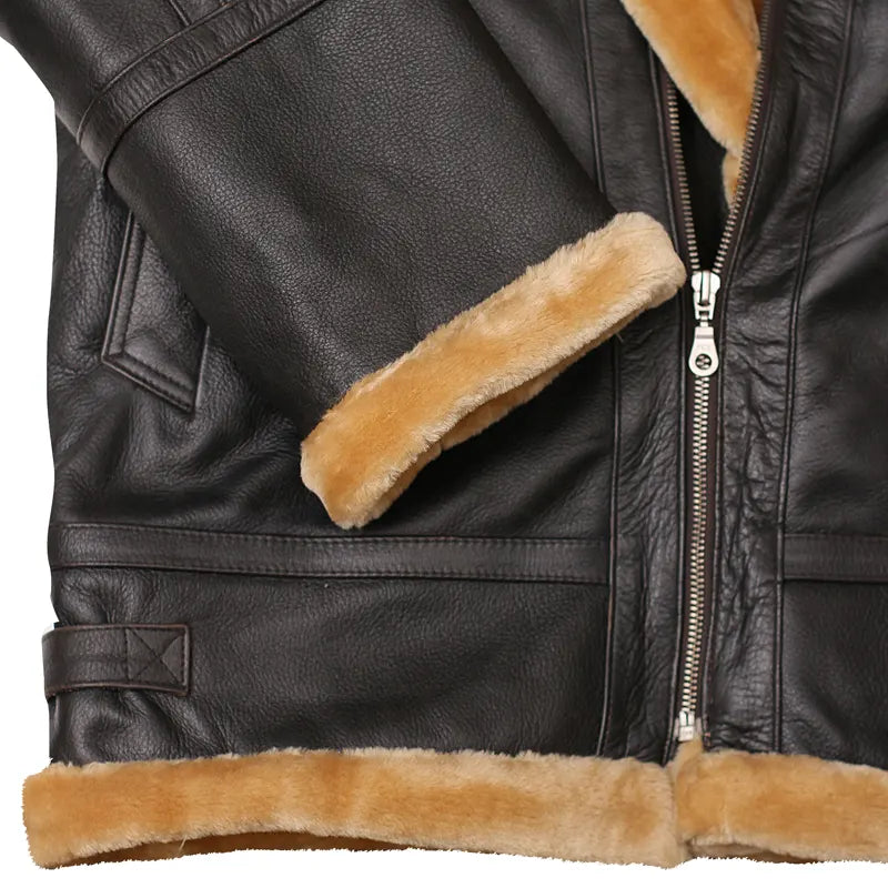 Side profile of brown aviator shearling oak leather jacket for men