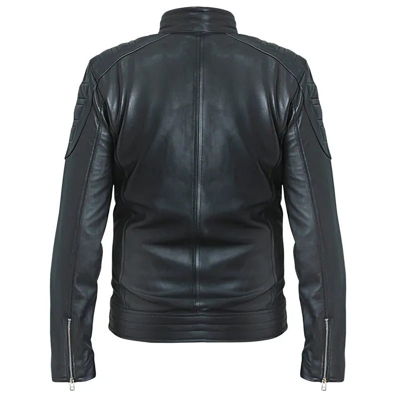 Side profile of Jensen Huang inspired oak leather biker jacket