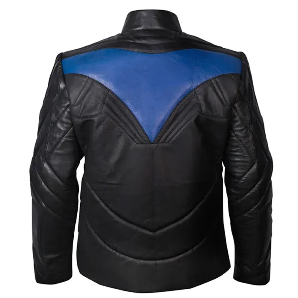 Black leather jacket with blue accents on a white background