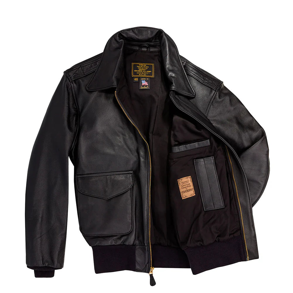 Black leather jacket with visible brand label on a white background