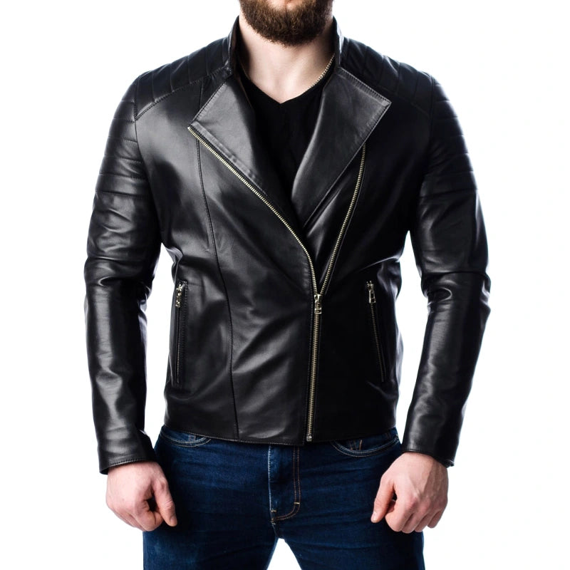 Front view of Men’s Quilted Oak Leather Motorcycle Jacket
