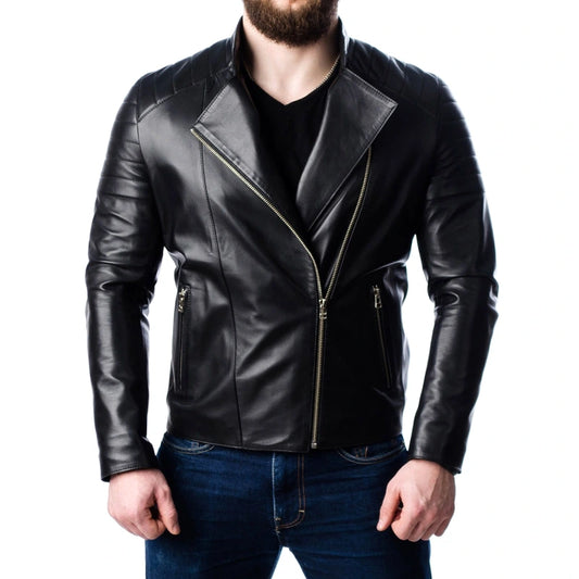 Front view of Men’s Quilted Oak Leather Motorcycle Jacket