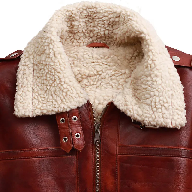 Side profile of men’s brown shearling oak leather biker jacket