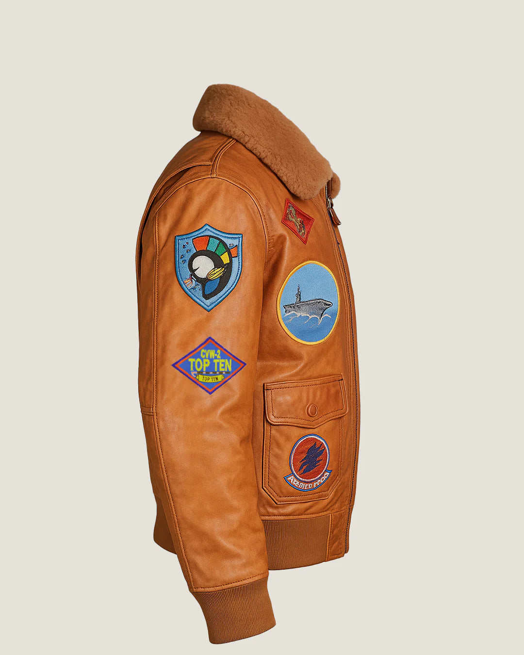 "Close-up of flight patches and fur collar on Top Gun leather jacket"