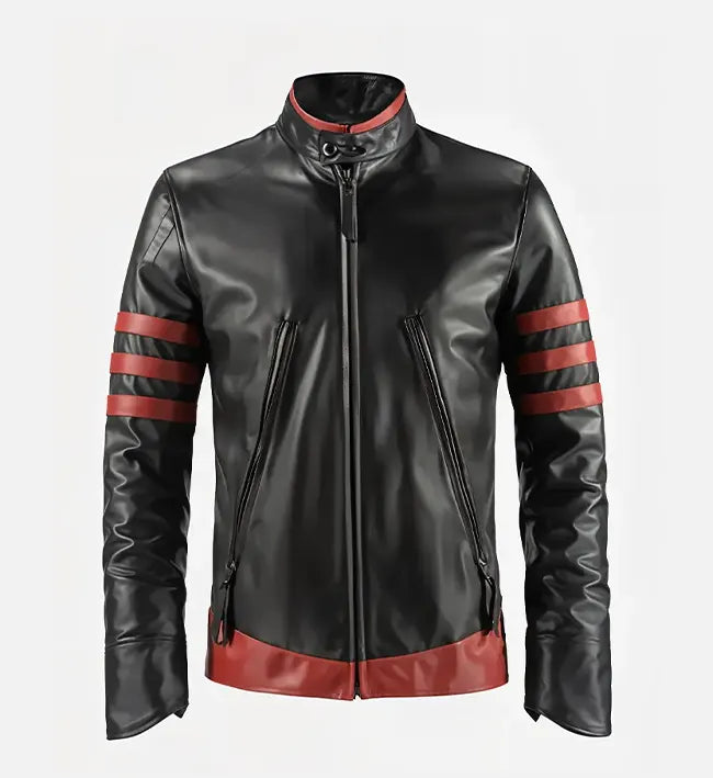 Black leather jacket with red accents on a white background