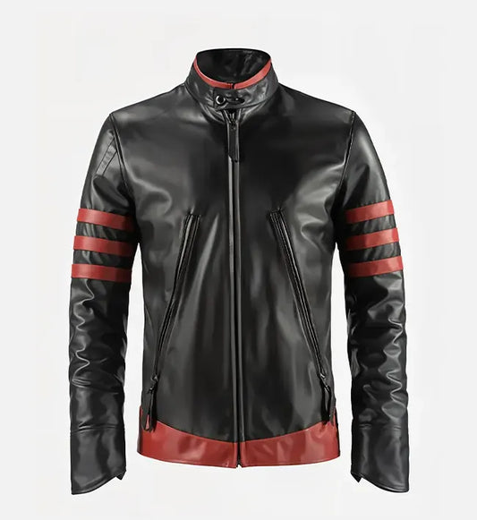 Black leather jacket with red accents on a white background