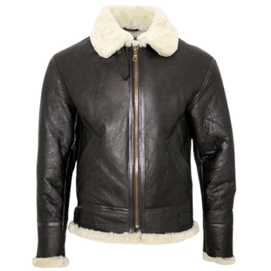 Black leather jacket with white fur lining on a white background
