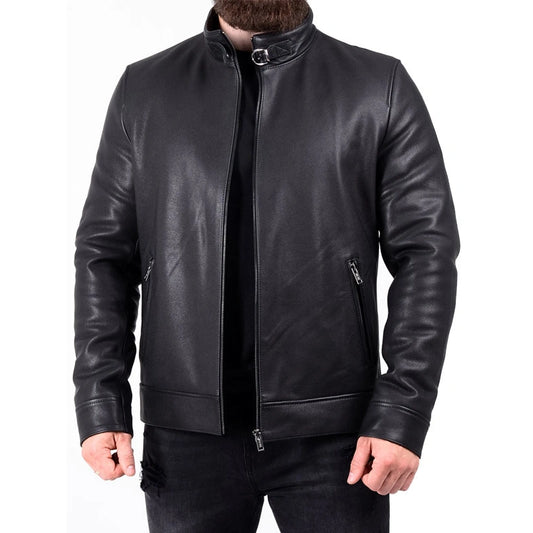 Black leather jacket worn by a person on a white background