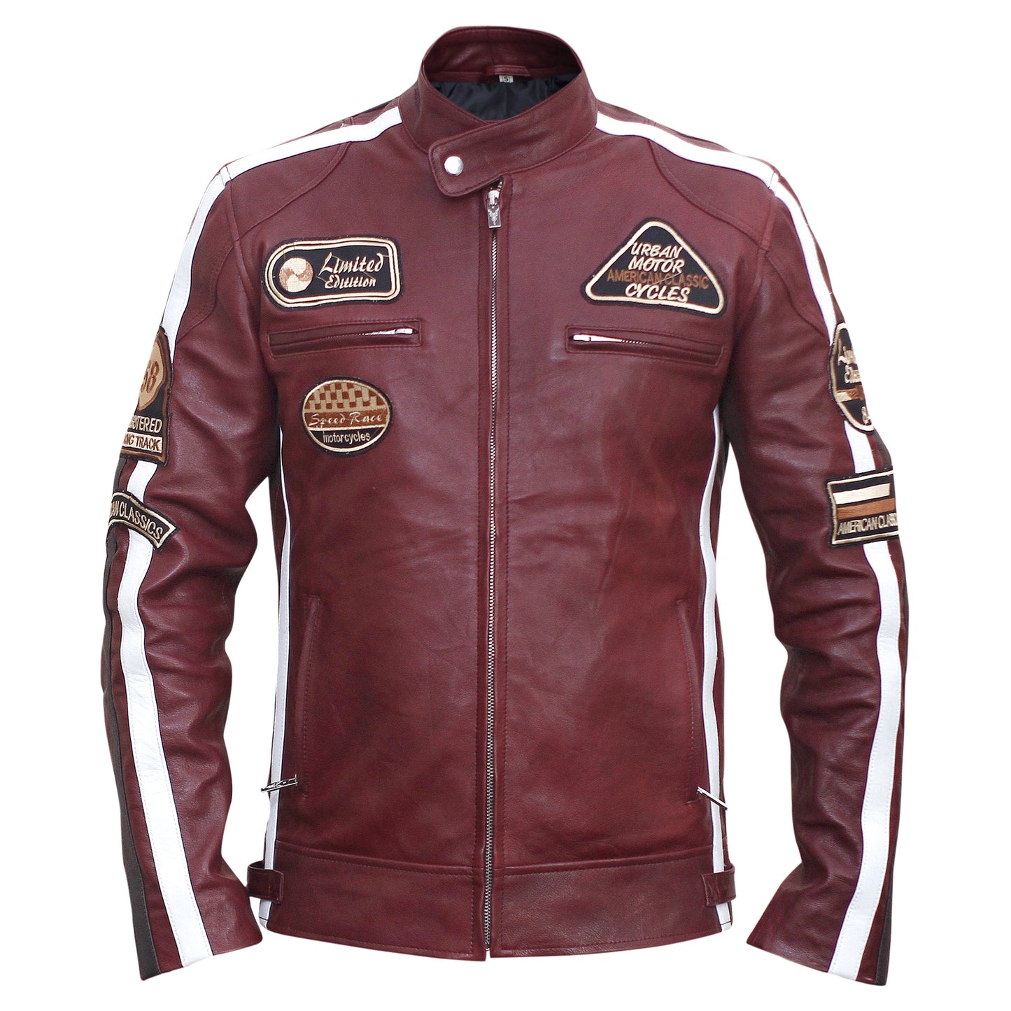 Brown leather jacket with patches on a white background