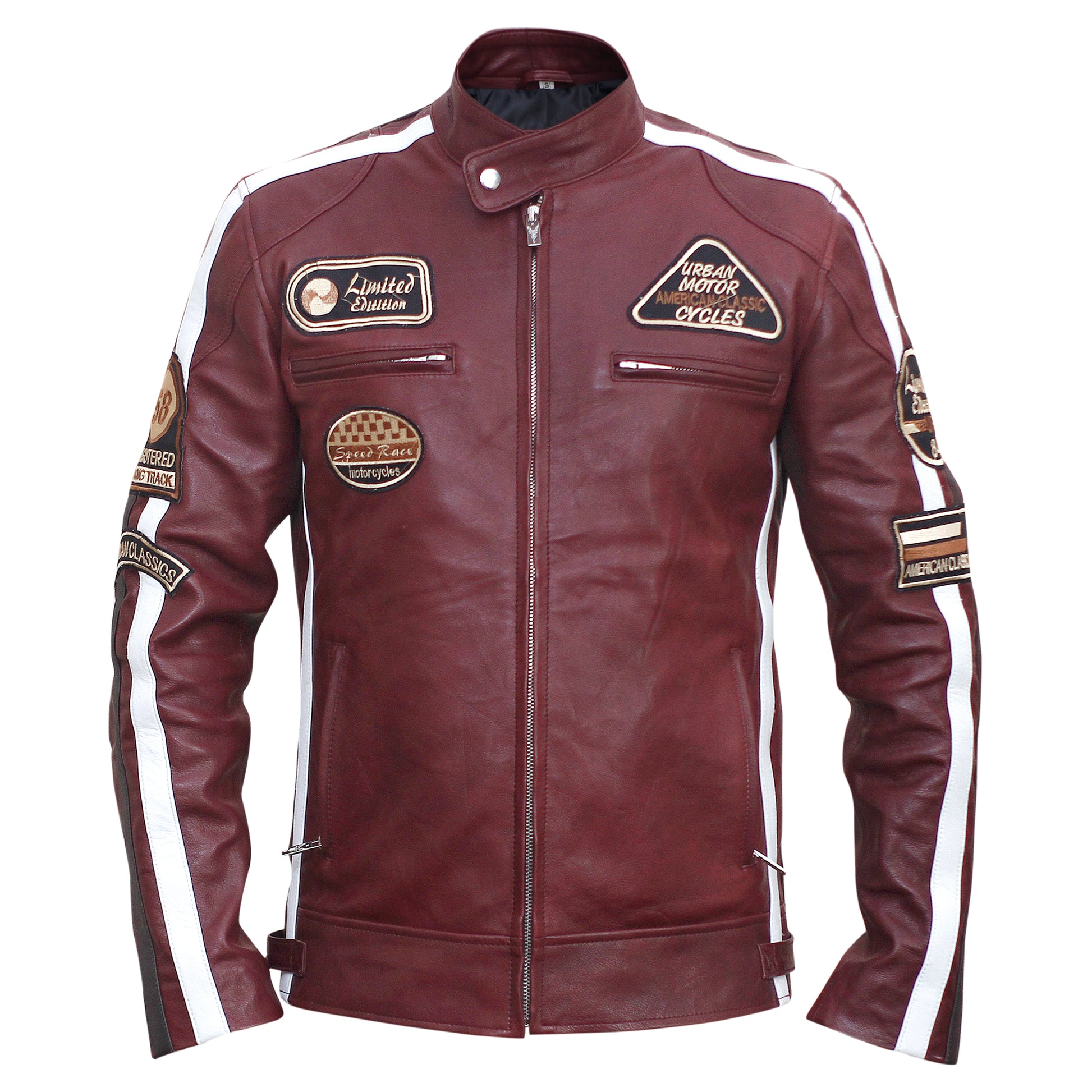 Brown leather jacket with patches on a white background