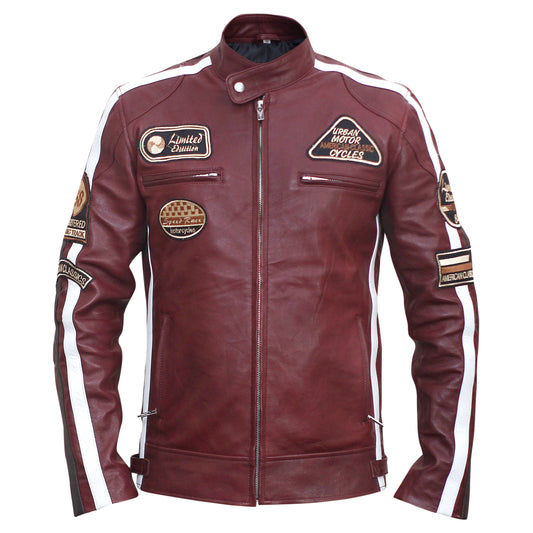 Brown leather jacket with patches on a white background