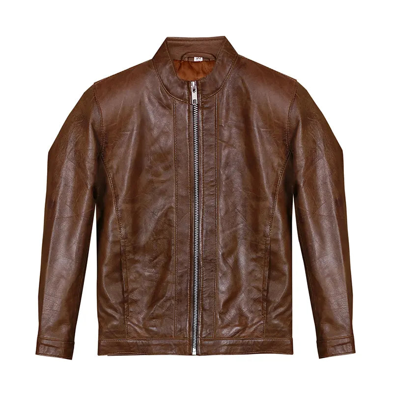 Brown leather jacket with a zipper on a white background