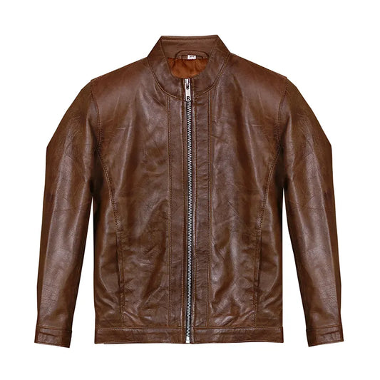 Brown leather jacket with a zipper on a white background