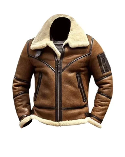Brown leather jacket with white fur lining on a white background