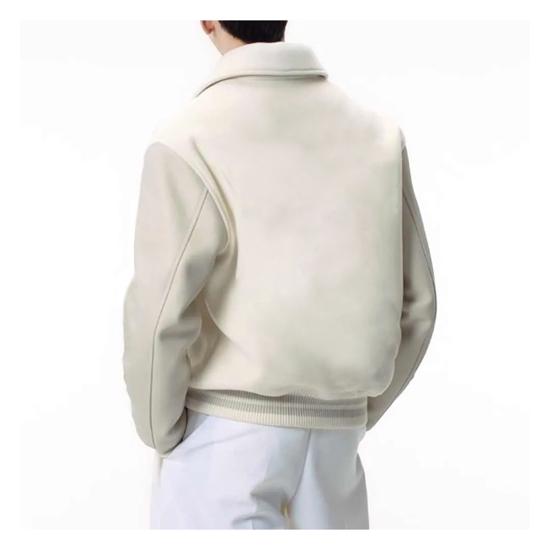 Back view OakLeather White Varsity Leather Jacket