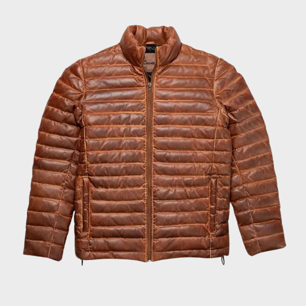 OakLeather Men’s Antique Brown Puffer Quilted Jacket front view