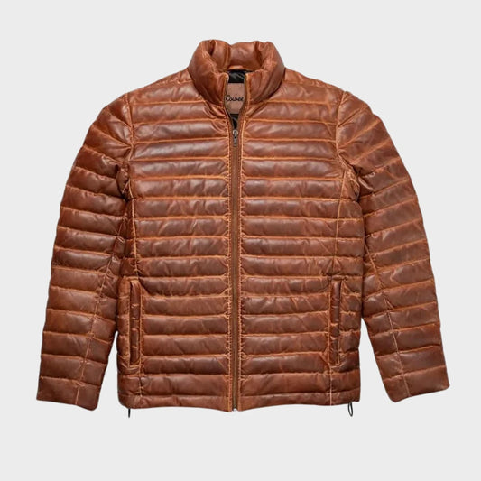 OakLeather Men’s Antique Brown Puffer Quilted Jacket front view