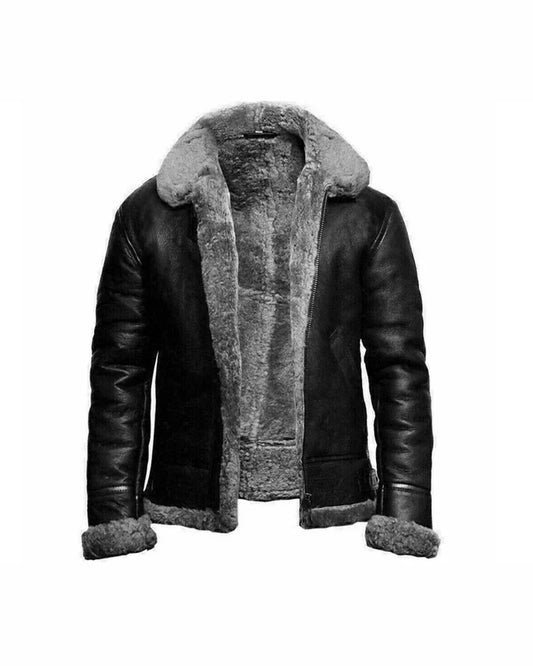 OakLeather Men’s Black Shearling Fur Aviator Jacket front view