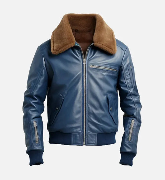 OakLeather Men’s Blue Flight Bomber Leather Jacket front view