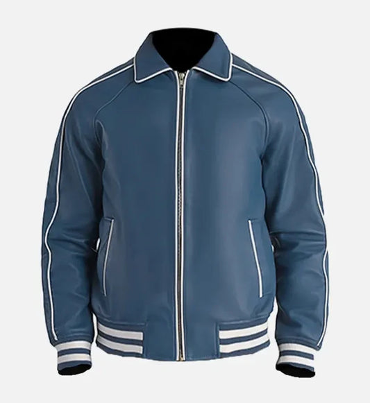OakLeather Men’s Blue Leather Varsity Jacket front view