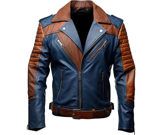 OakLeather Men’s Blue and Brown Leather Jacket front view