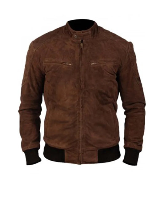 OakLeather Men’s Brown Suede Leather Bomber Jacket front view
