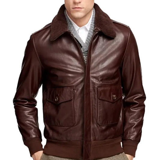 OakLeather Men’s Brown Leather Bomber Jacket with Detachable Fur Collar front view